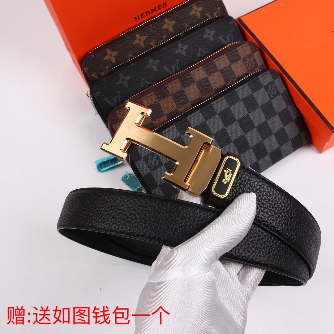 Premium H Leather Belt for Men with Free Designer Long Wallet