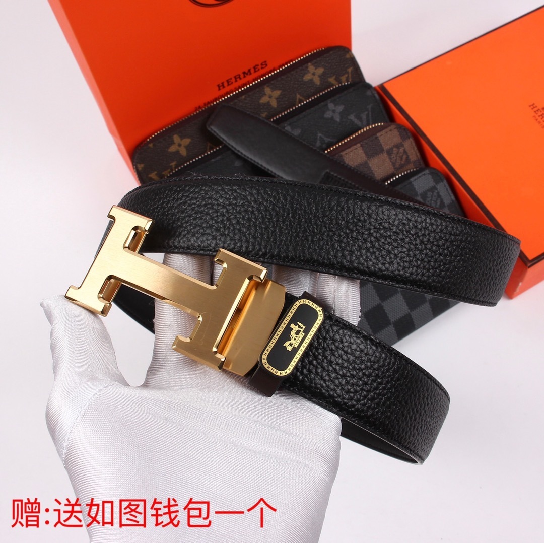 Premium H Leather Belt for Men with Free Designer Long Wallet
