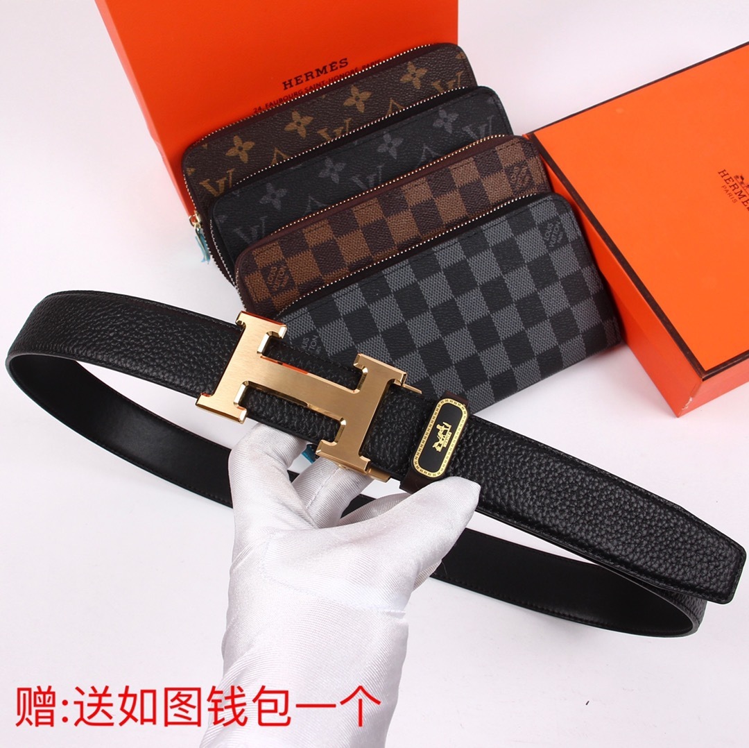 Premium H Leather Belt for Men with Free Designer Long Wallet