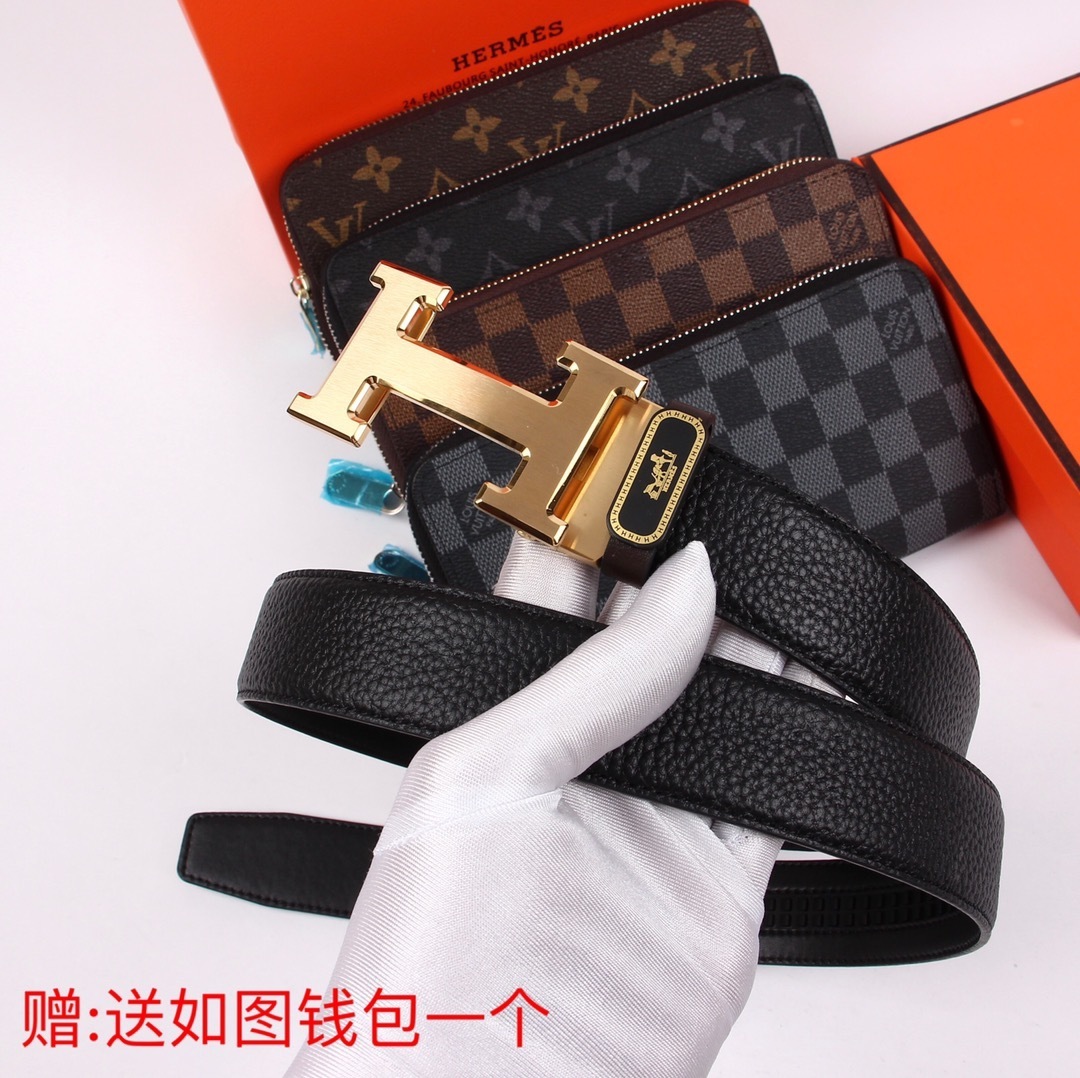 Premium H Leather Belt for Men with Free Designer Long Wallet