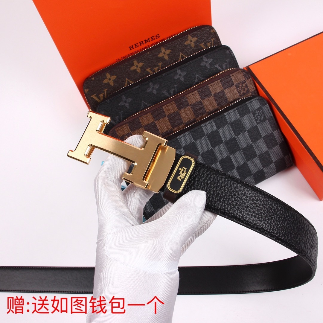 Premium H Leather Belt for Men with Free Designer Long Wallet