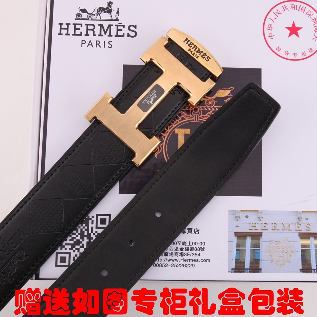 Hermes Men's Black Embossed Leather Belt with Gold H Buckle