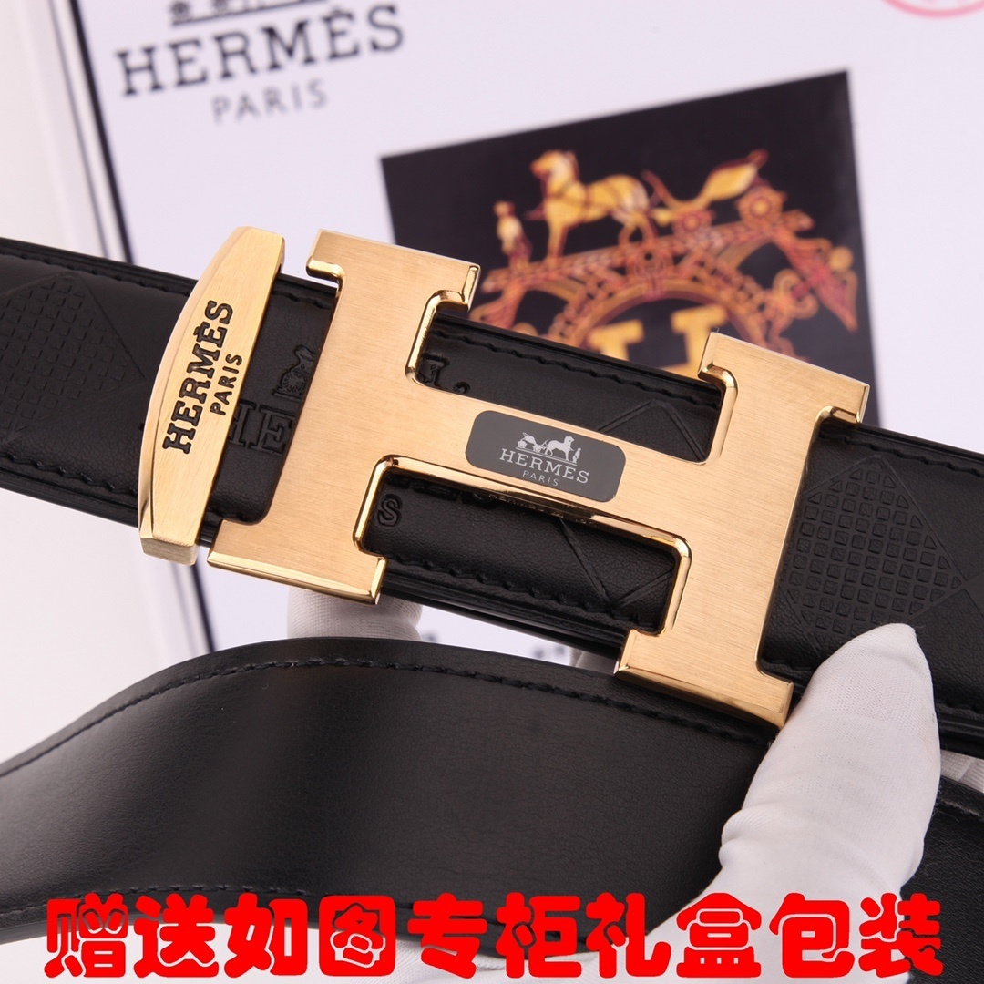 Hermes Men's Black Embossed Leather Belt with Gold H Buckle