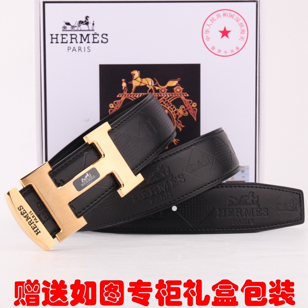 Hermes Men's Black Embossed Leather Belt with Gold H Buckle