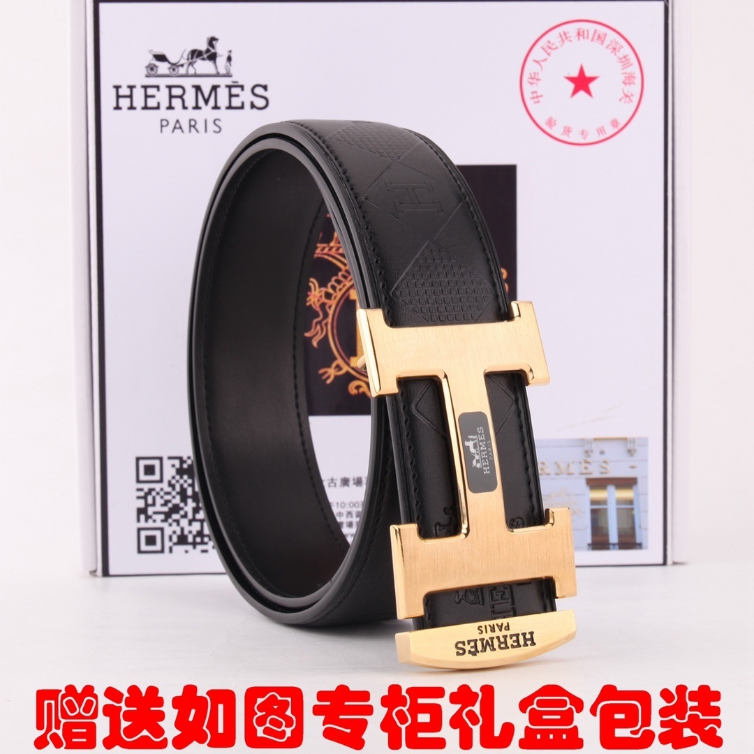 Hermes Men's Black Embossed Leather Belt with Gold H Buckle