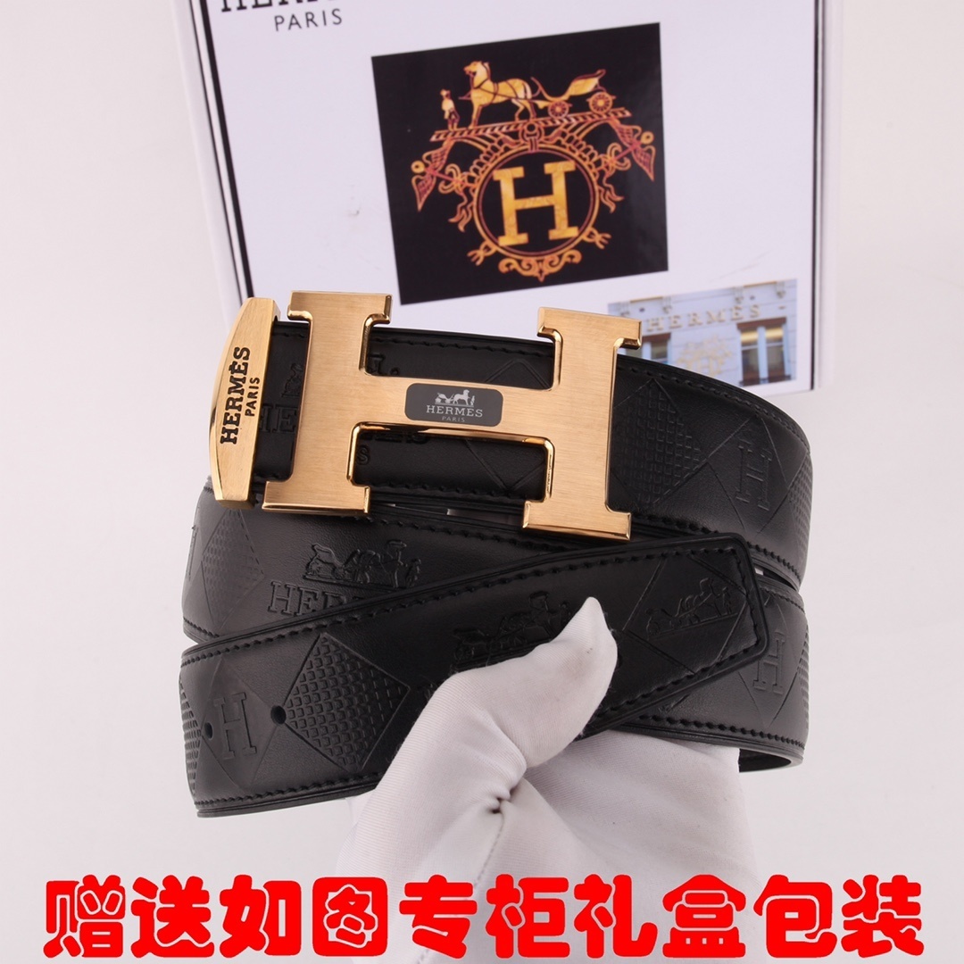 Hermes Men's Black Embossed Leather Belt with Gold H Buckle