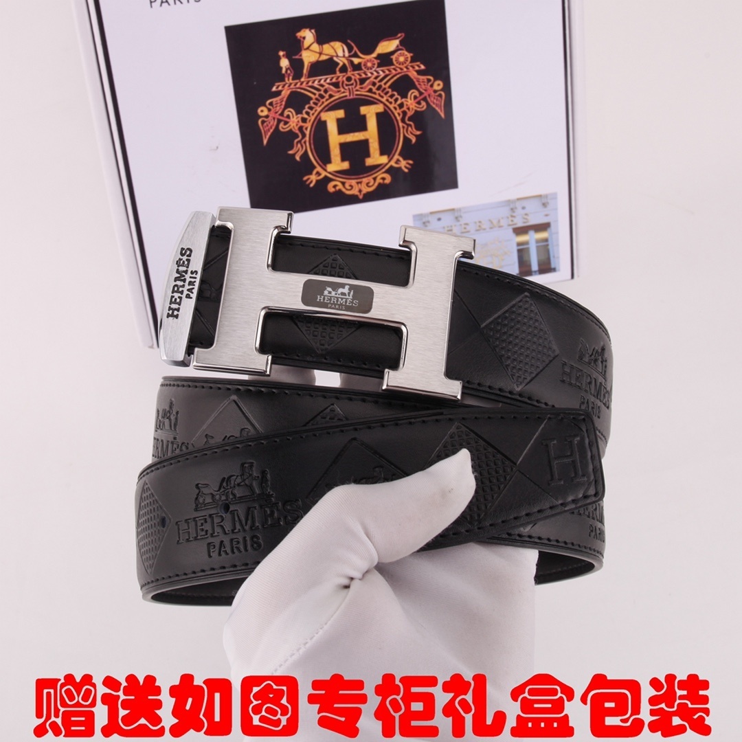 Hermes Men's Premium Black Leather Belt with Silver H Buckle