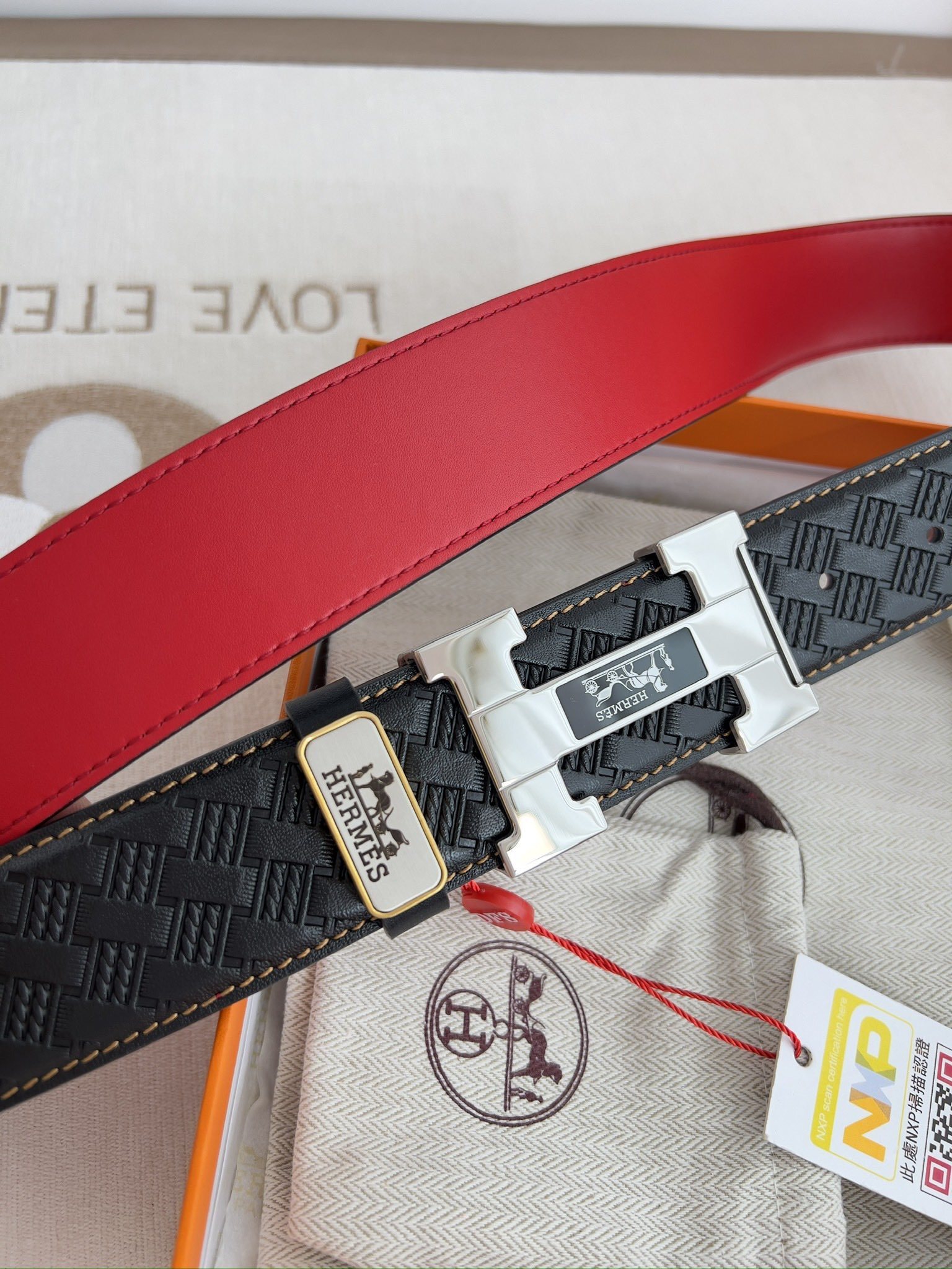 Hermes Men's Textured Leather Belt with Silver H Buckle - Black/Red