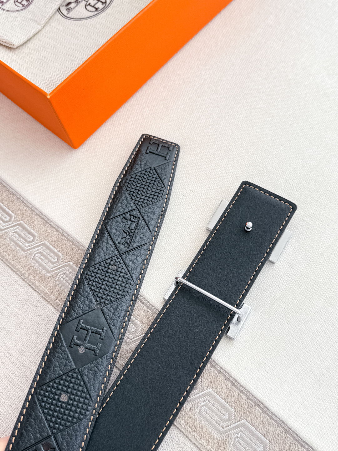 Hermès Men's Black Embossed Leather Belt with Iconic H Buckle