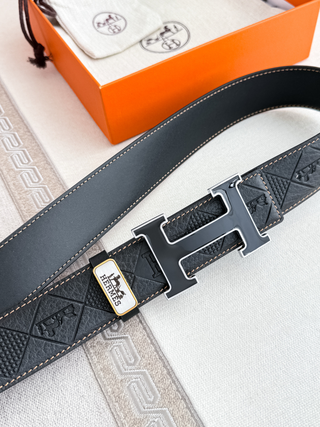 Hermès Men's Black Embossed Leather Belt with Iconic H Buckle