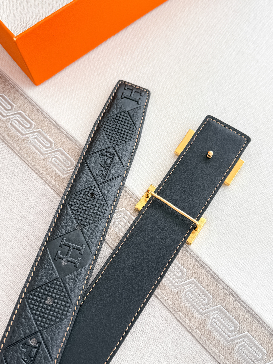 Hermès Men's Black Embossed Leather Belt with Gold & Black H Buckle