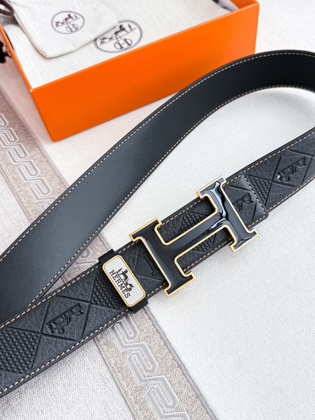 Hermès Men's Black Embossed Leather Belt with Gold & Black H Buckle