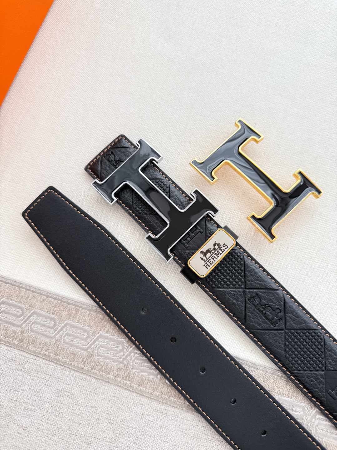 Luxury Hermes Black Embossed Leather Belt with Gold H Buckle
