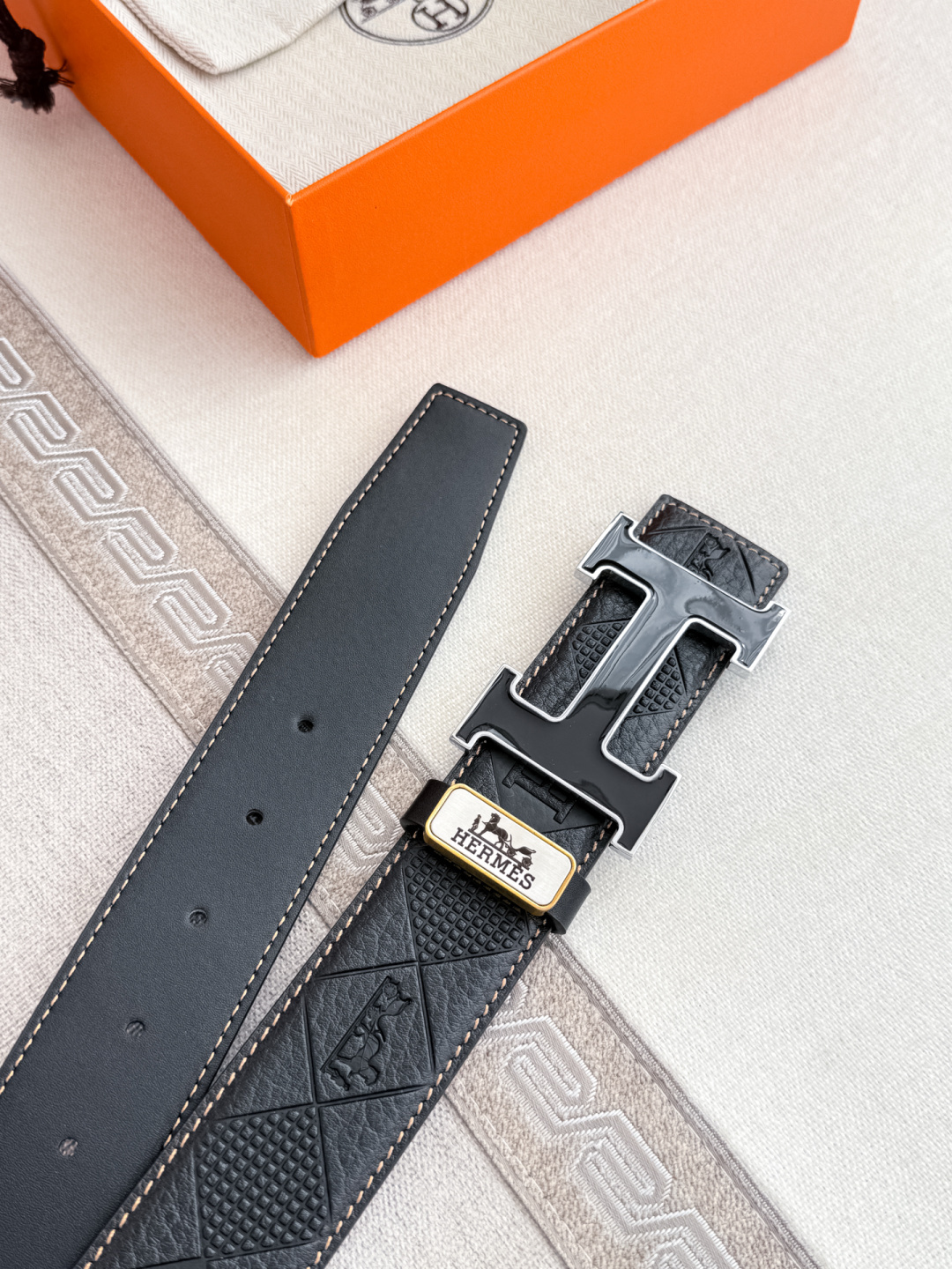 Luxury Hermes Black Embossed Leather Belt with Gold H Buckle