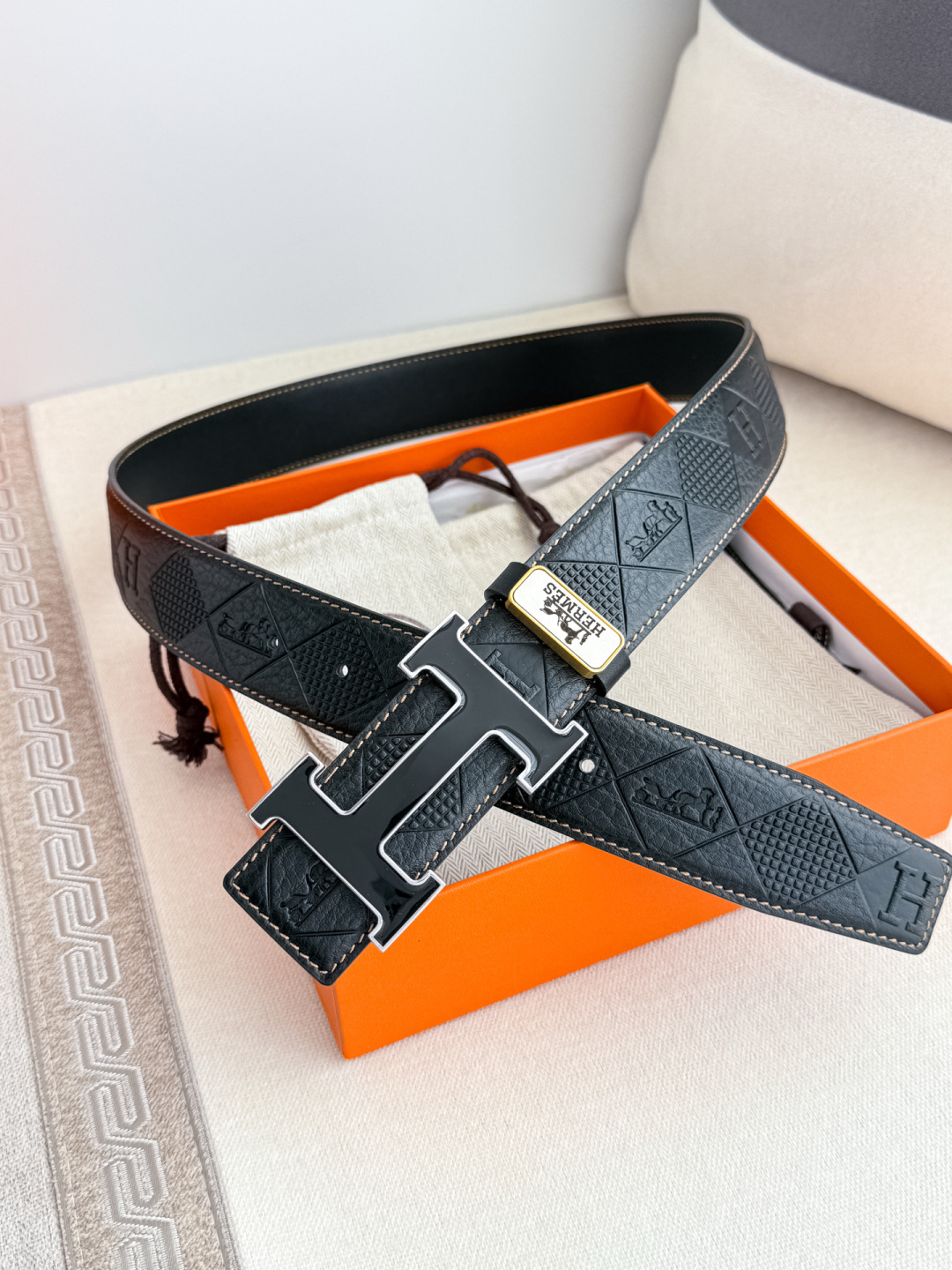 Luxury Hermes Black Embossed Leather Belt with Gold H Buckle