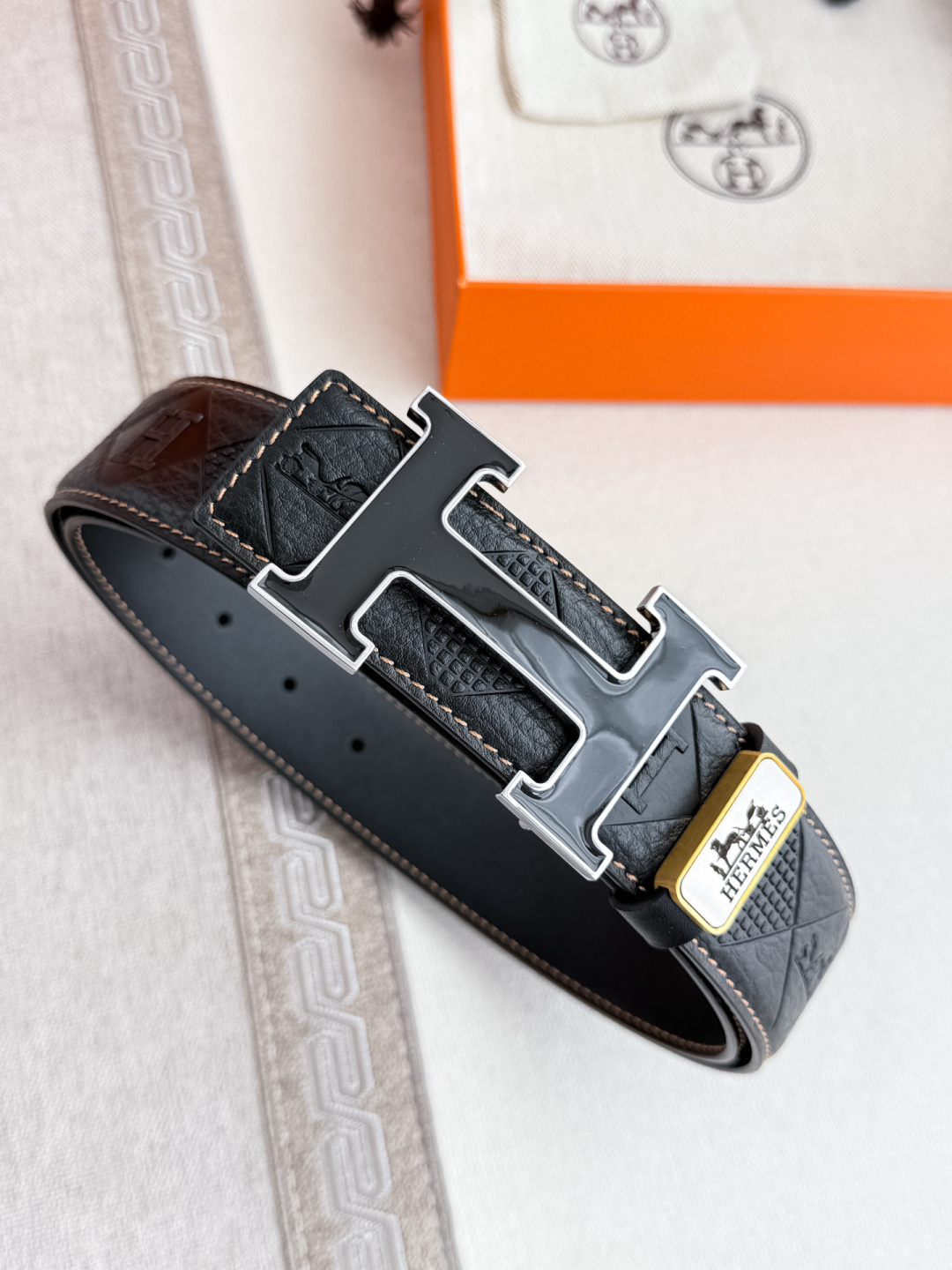 Luxury Hermes Black Embossed Leather Belt with Gold H Buckle