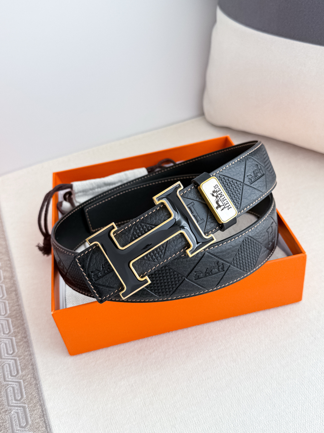 Luxury Hermes Black Embossed Leather Belt with Gold H Buckle