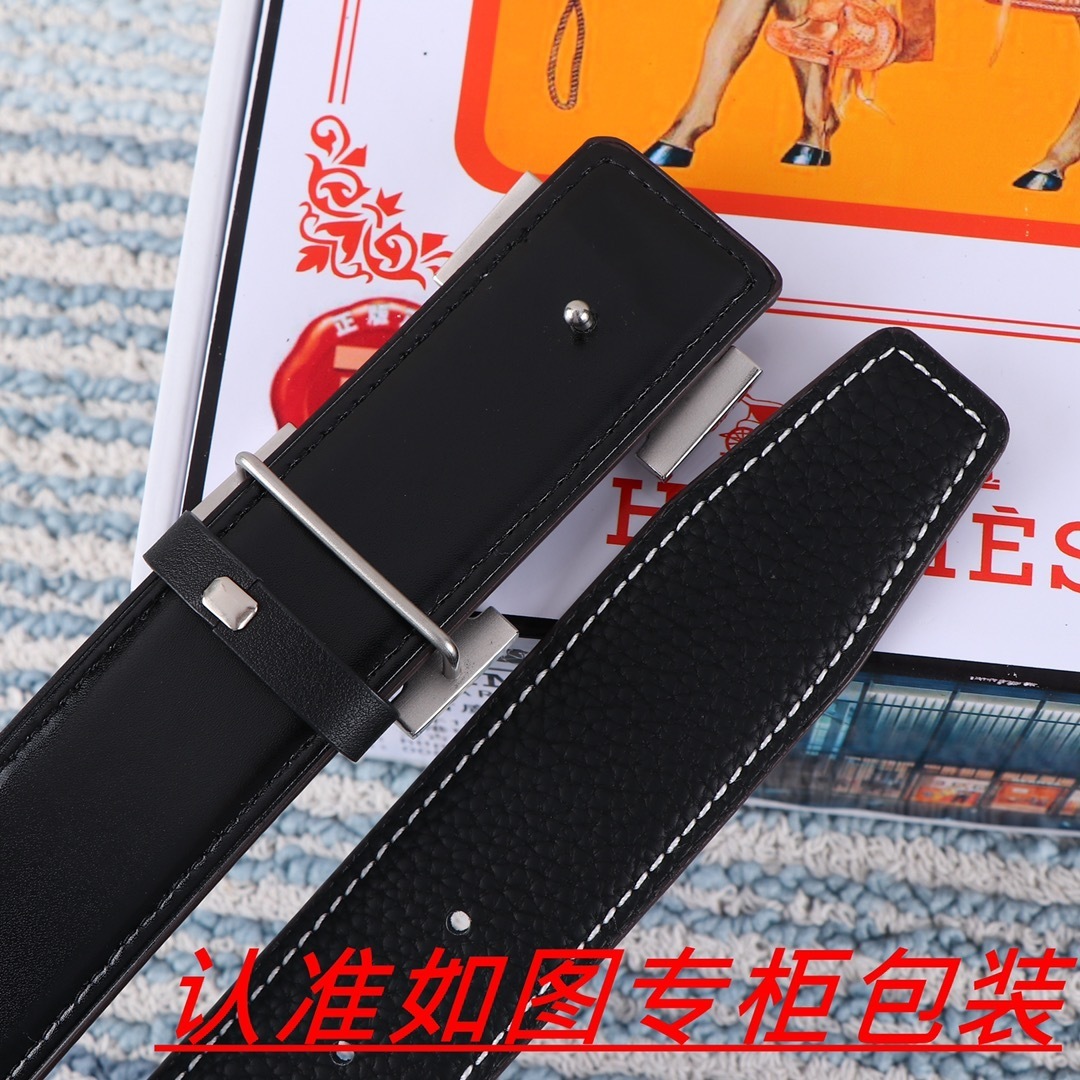 Luxury Hermes Black Pebbled Leather Belt with Silver H Buckle
