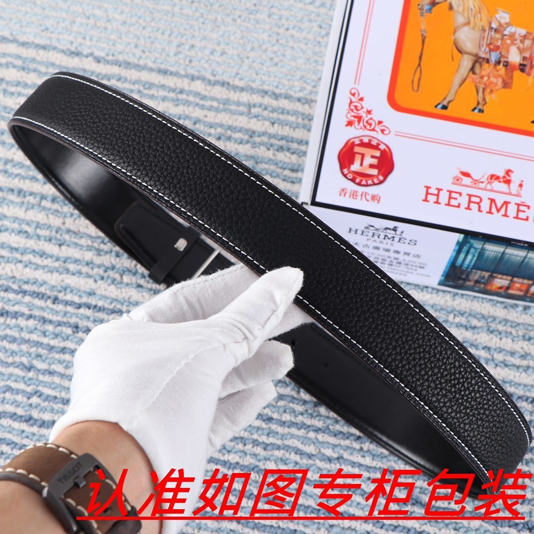 Luxury Hermes Black Pebbled Leather Belt with Silver H Buckle
