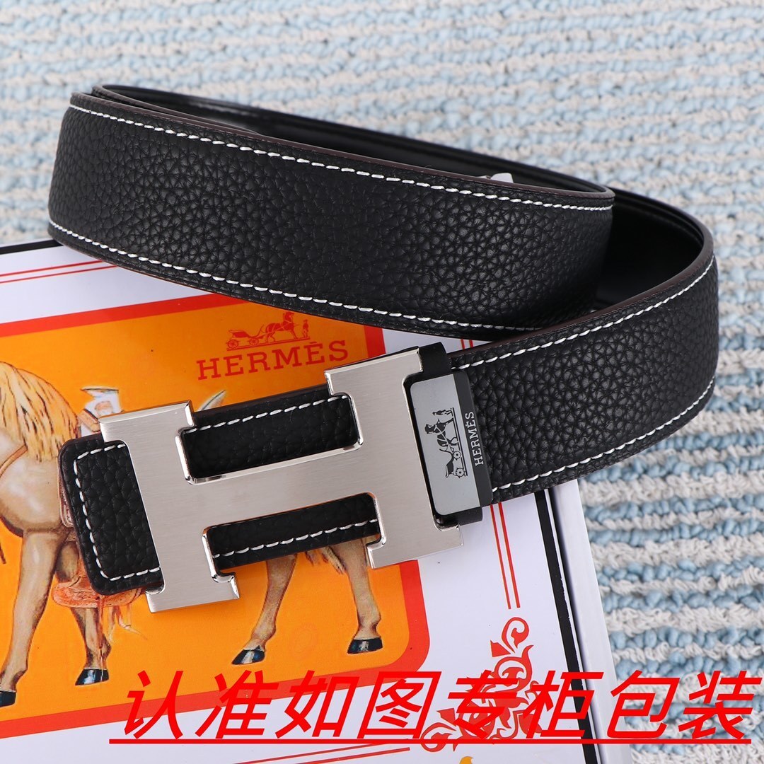 Luxury Hermes Black Pebbled Leather Belt with Silver H Buckle