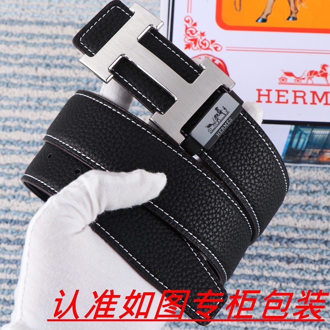 Luxury Hermes Black Pebbled Leather Belt with Silver H Buckle
