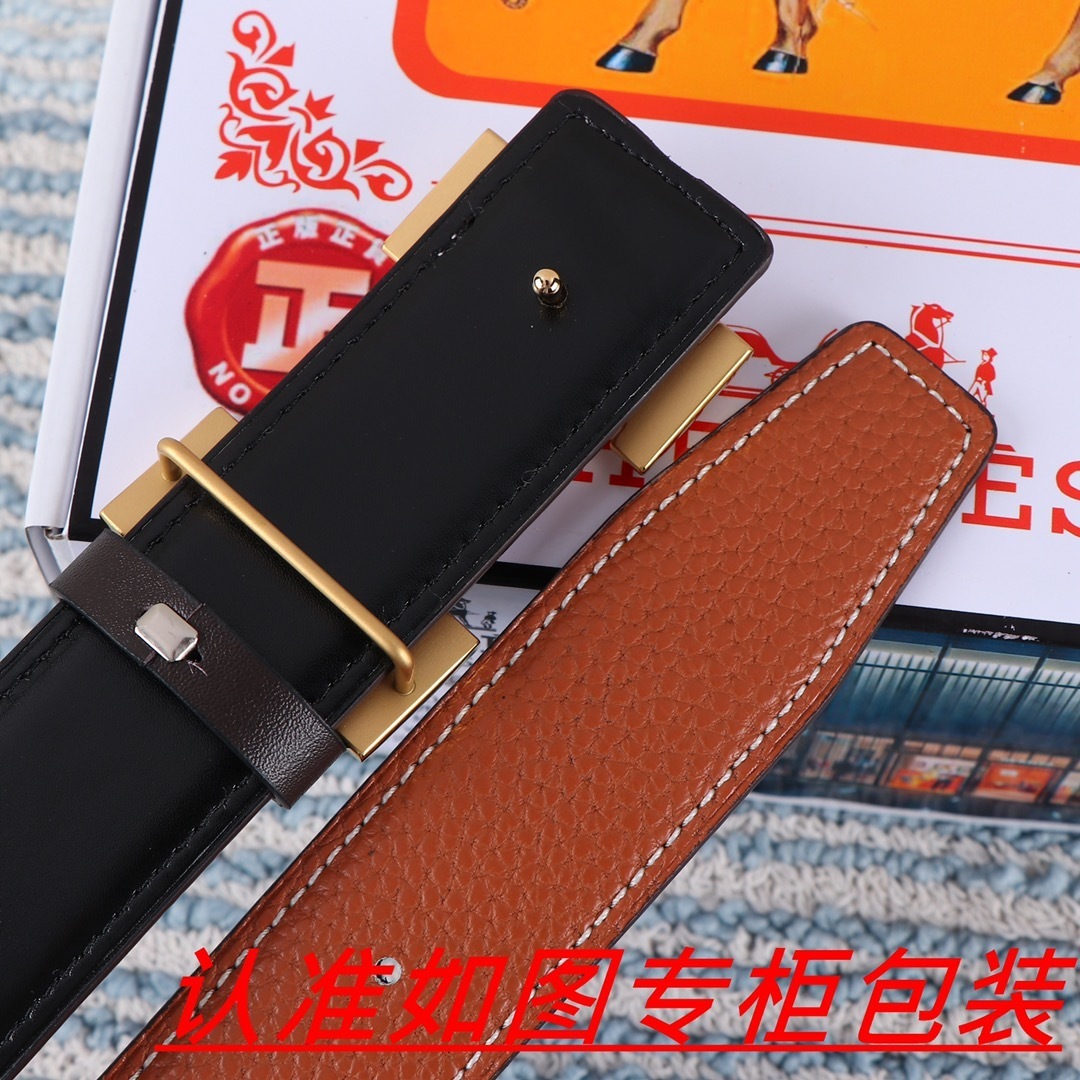 Luxury Men's Pebbled Leather Belt with Iconic Gold H Buckle - Tan