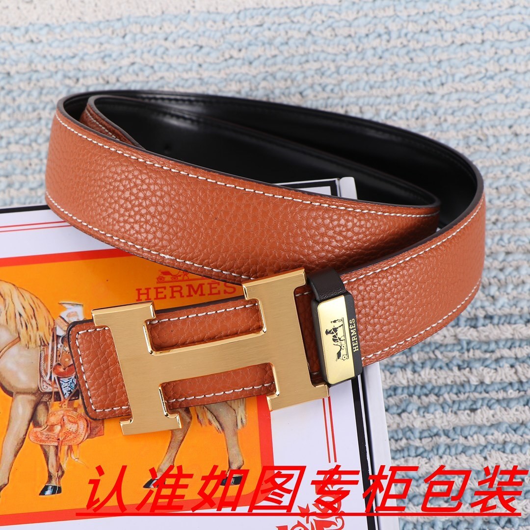 Luxury Men's Pebbled Leather Belt with Iconic Gold H Buckle - Tan