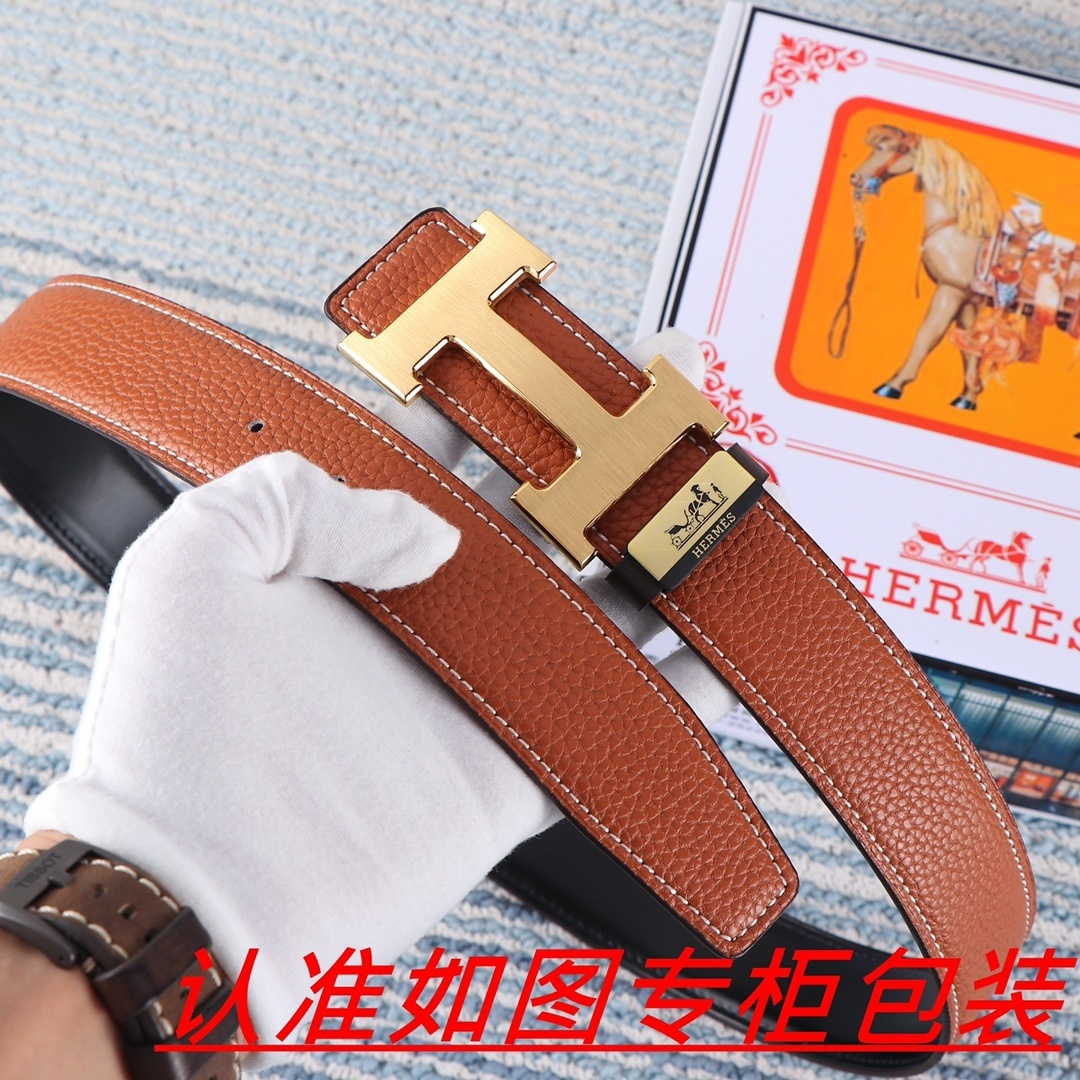 Luxury Men's Pebbled Leather Belt with Iconic Gold H Buckle - Tan