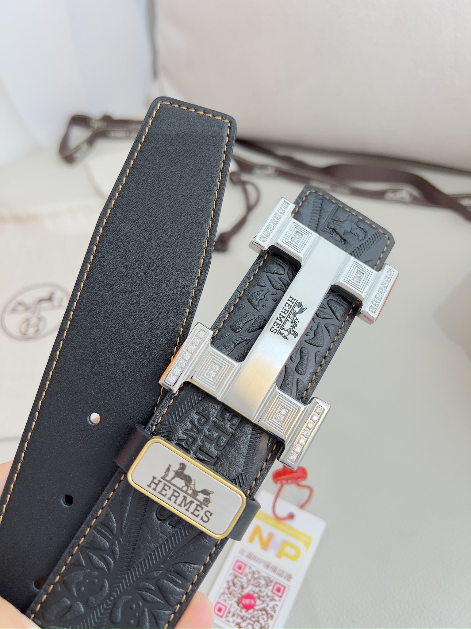 Hermes Men's Luxury Embossed Leather Belt with Crystal H Buckle