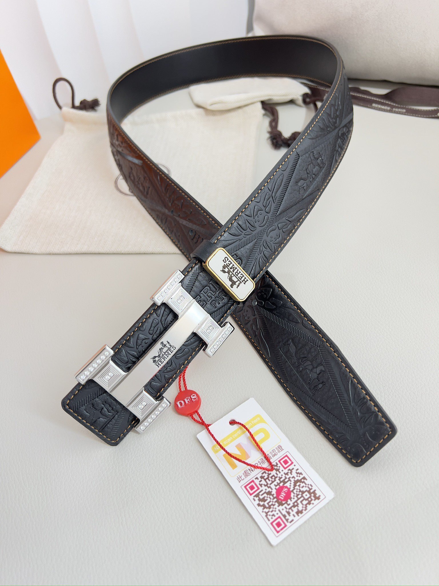 Hermes Men's Luxury Embossed Leather Belt with Crystal H Buckle