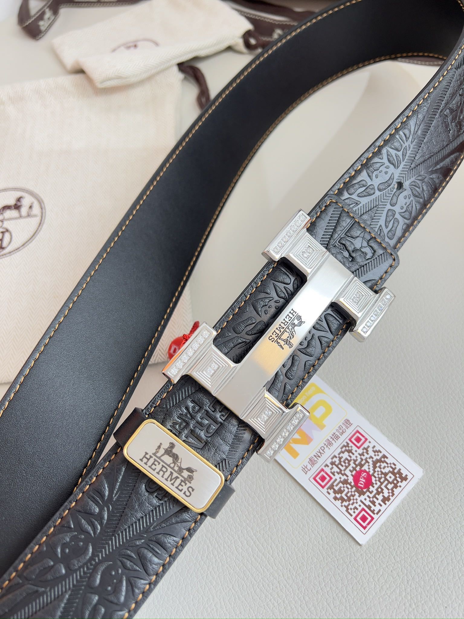 Hermes Men's Luxury Embossed Leather Belt with Crystal H Buckle