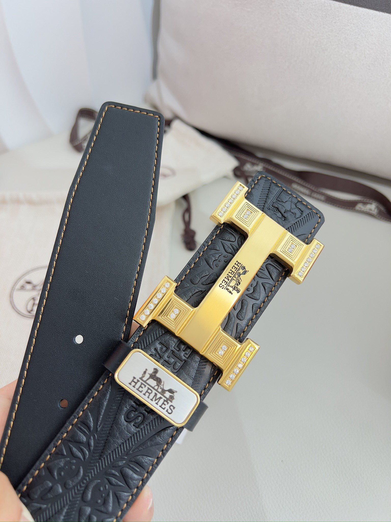 Luxury Black Embossed Leather Belt with Gold Crystal H Buckle