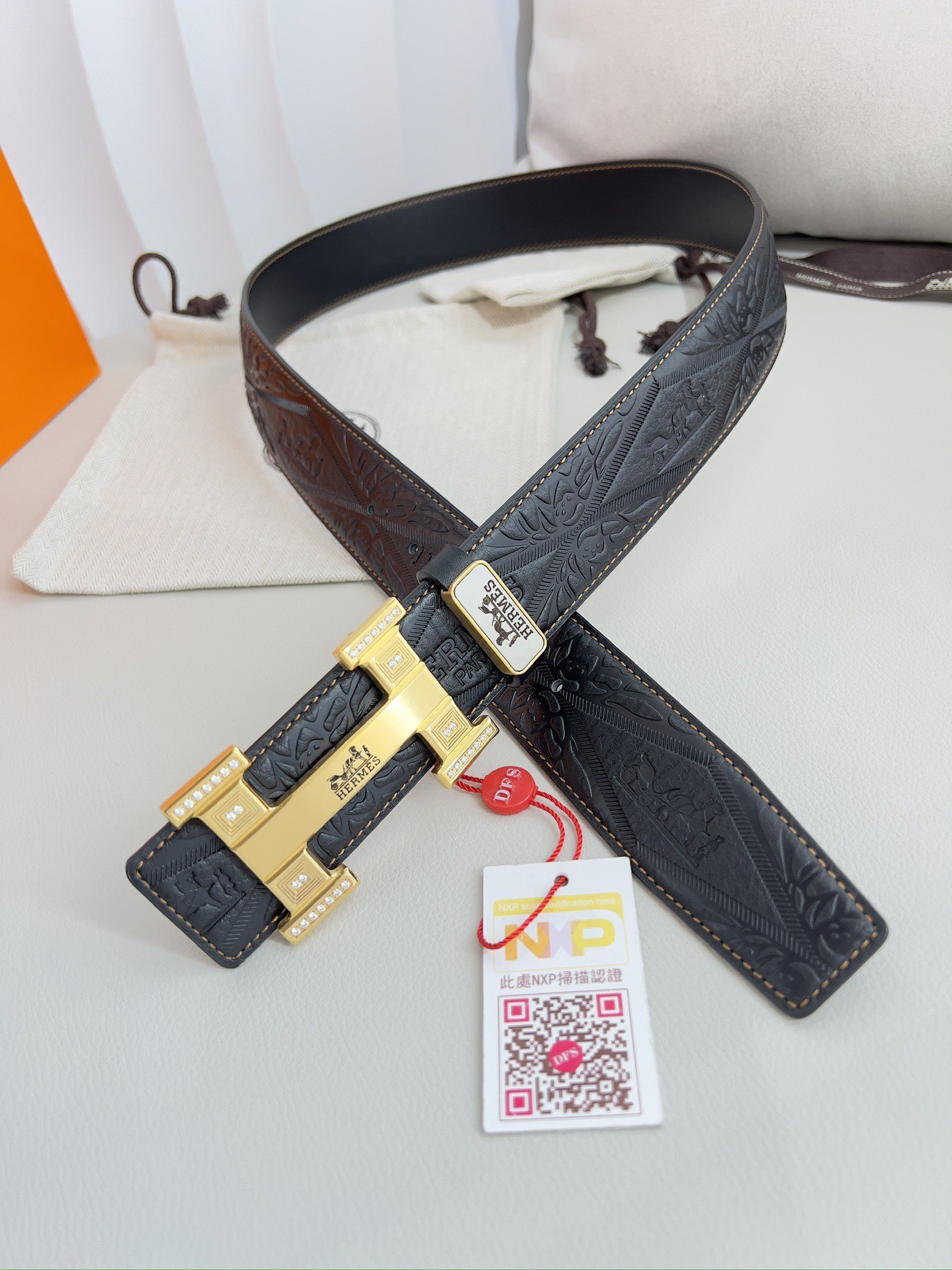 Luxury Black Embossed Leather Belt with Gold Crystal H Buckle
