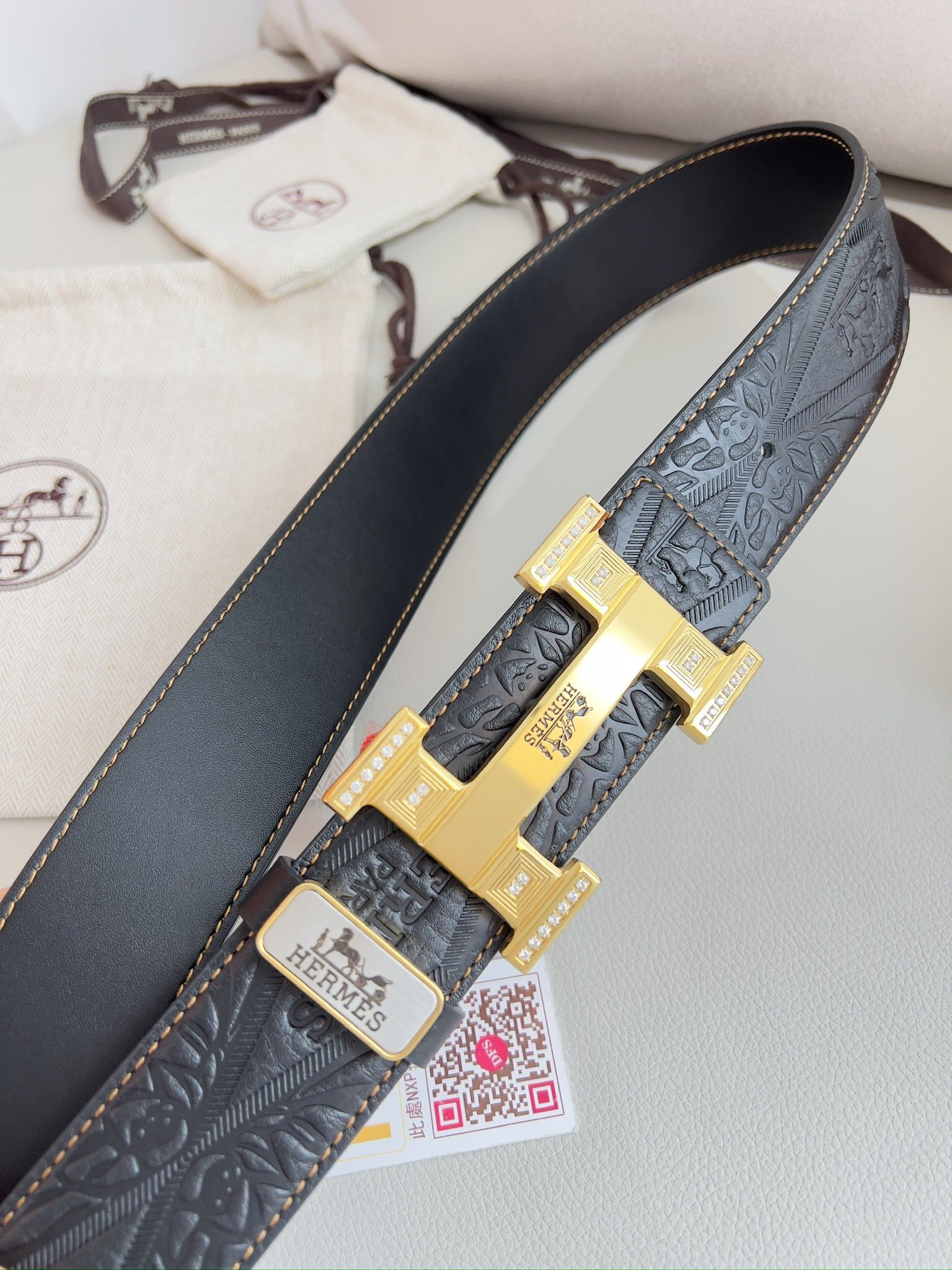 Luxury Black Embossed Leather Belt with Gold Crystal H Buckle