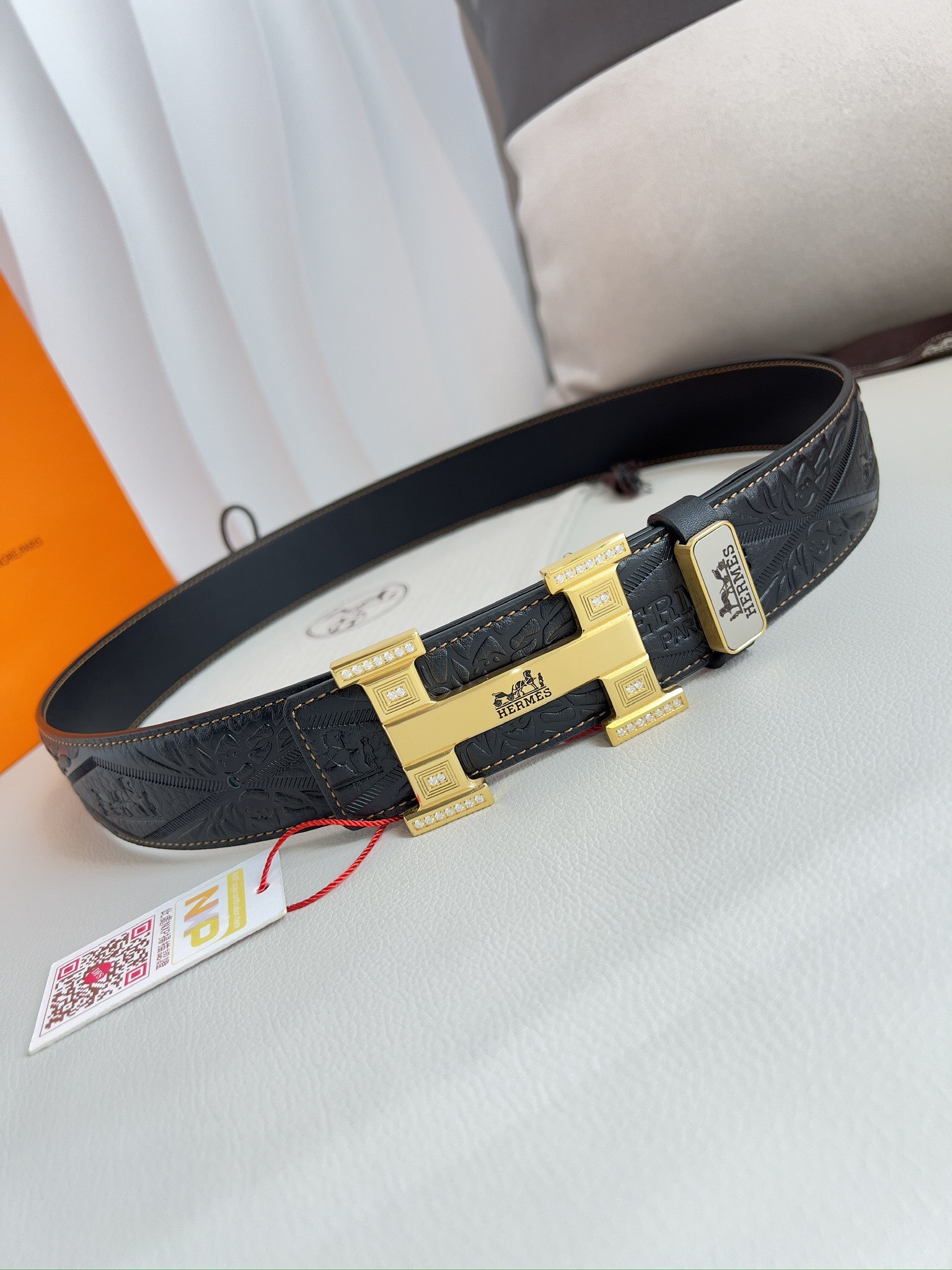Luxury Black Embossed Leather Belt with Gold Crystal H Buckle
