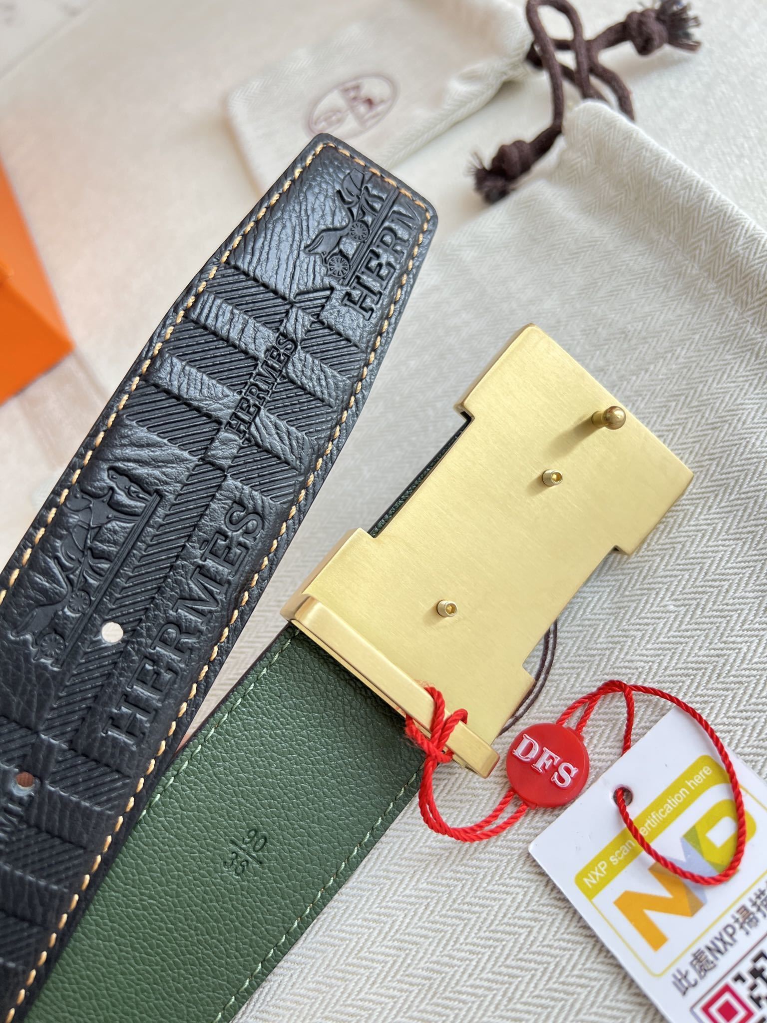 Luxury Hermes Embossed Leather Belt with Gold Patterned H Buckle