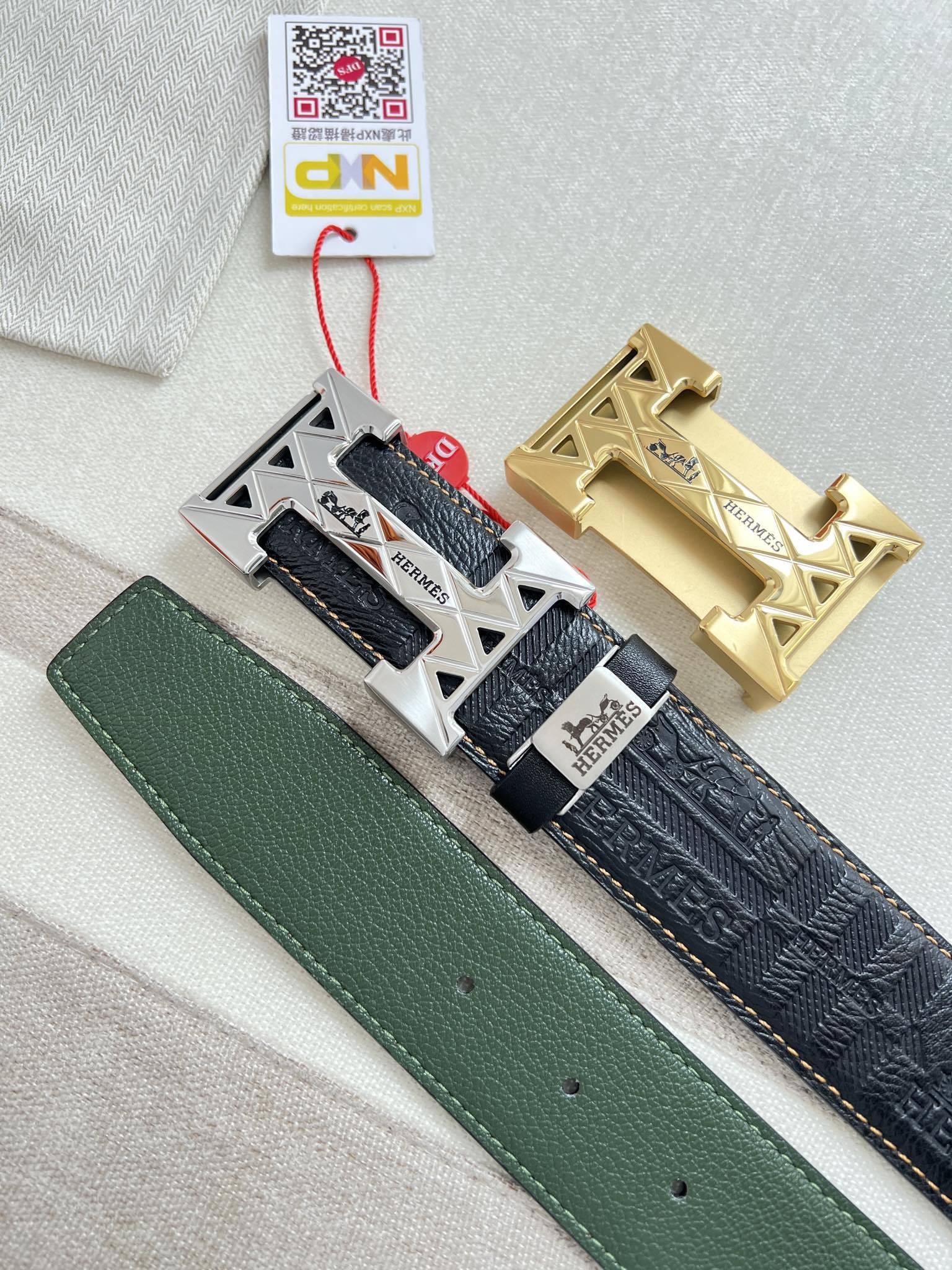 Hermes Men's Embossed Leather Belt with Silver H Buckle - Luxury