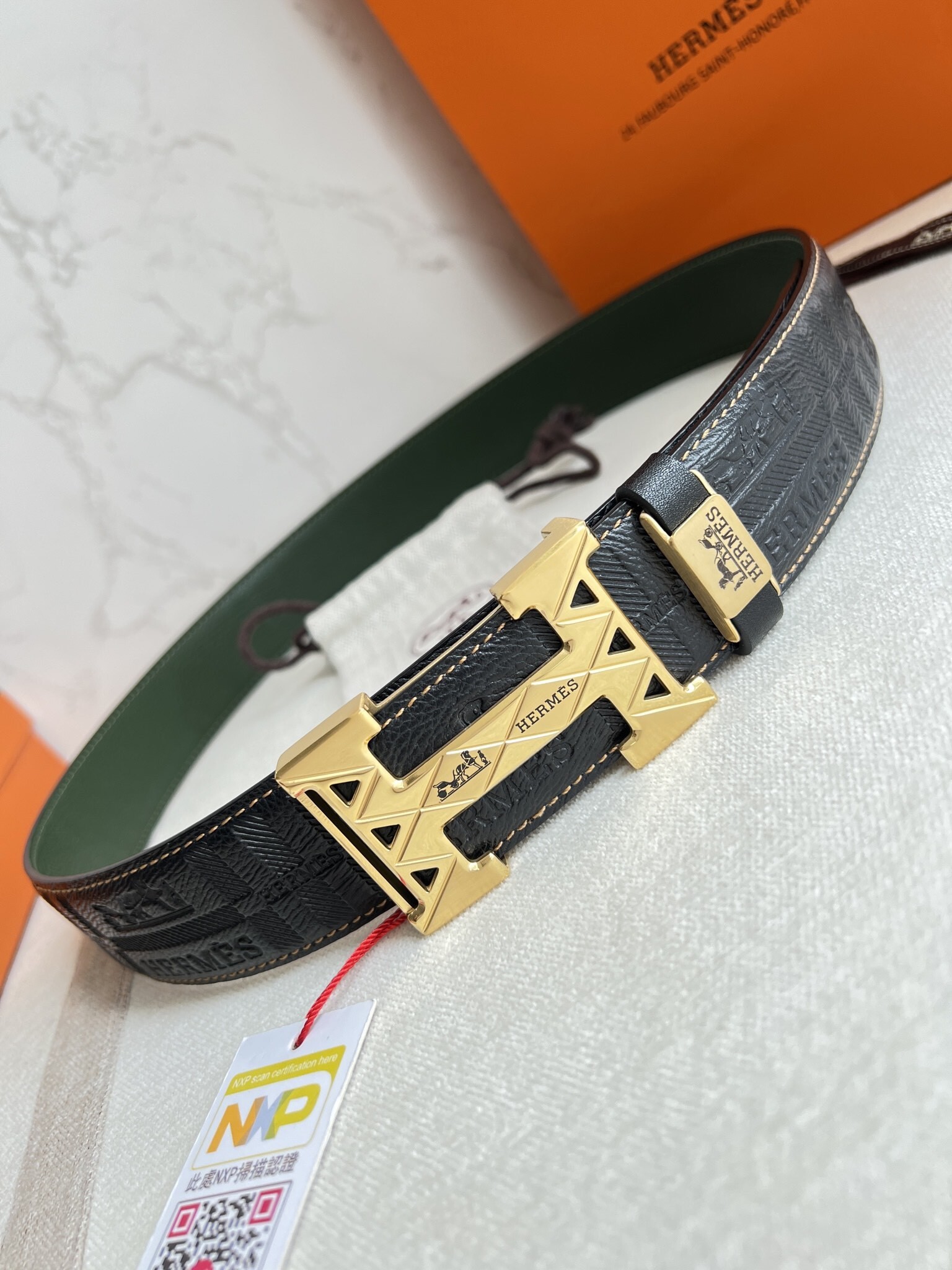 Hermes Men's Embossed Leather Belt with Silver H Buckle - Luxury
