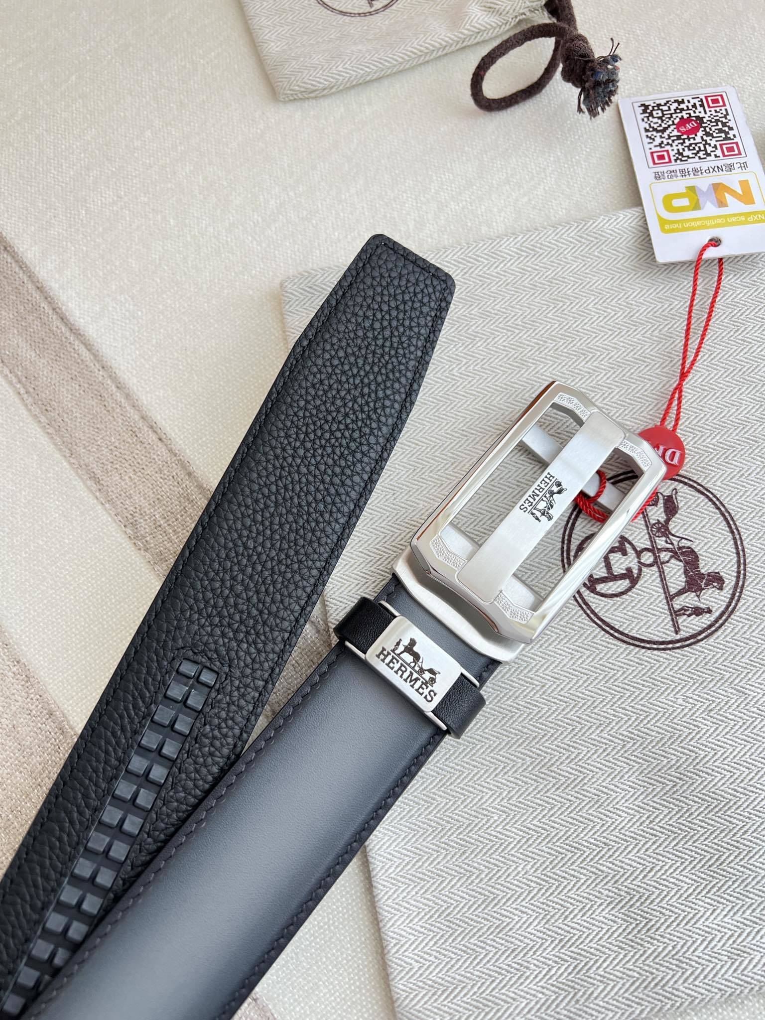 Luxury Hermes Men's Leather Belt with Automatic Silver Buckle