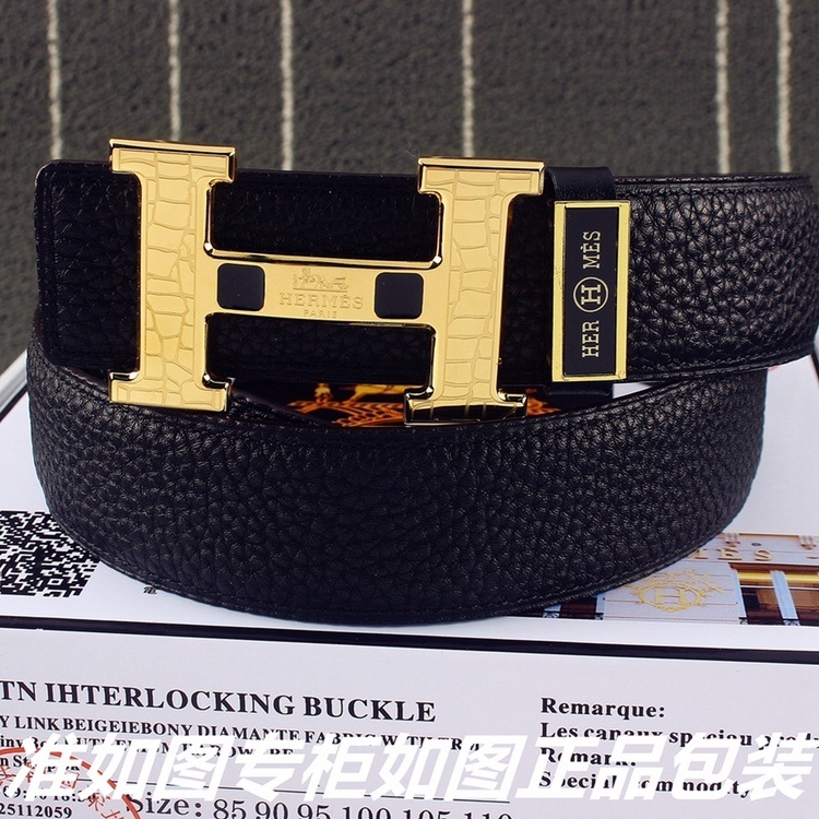 Premium Men’s Black Leather Belt with Engraved Gold H Buckle