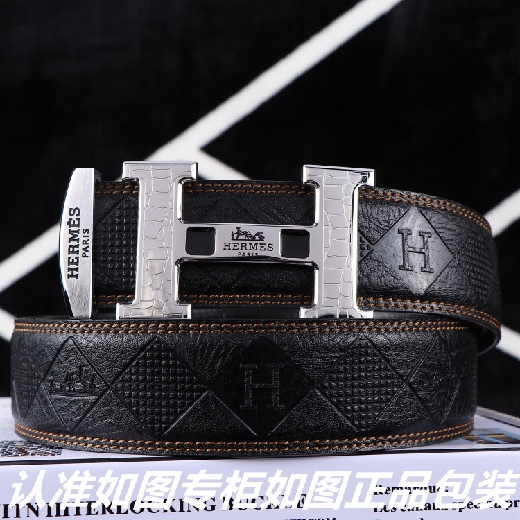 Hermès Men's Designer Belt - Black Embossed Leather Silver H Buckle