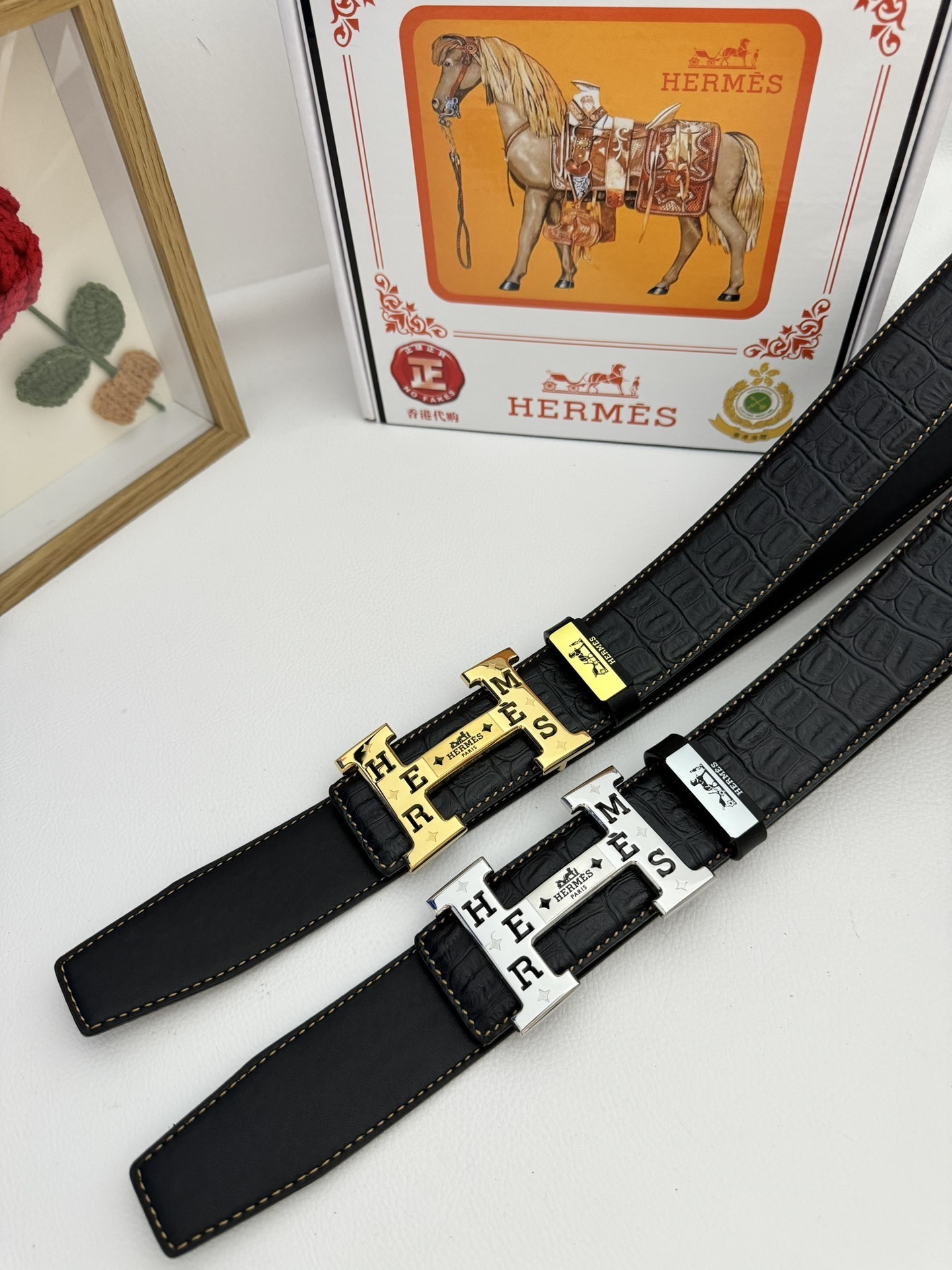 Luxury Hermès Black Crocodile Leather Belt with Silver H Buckle