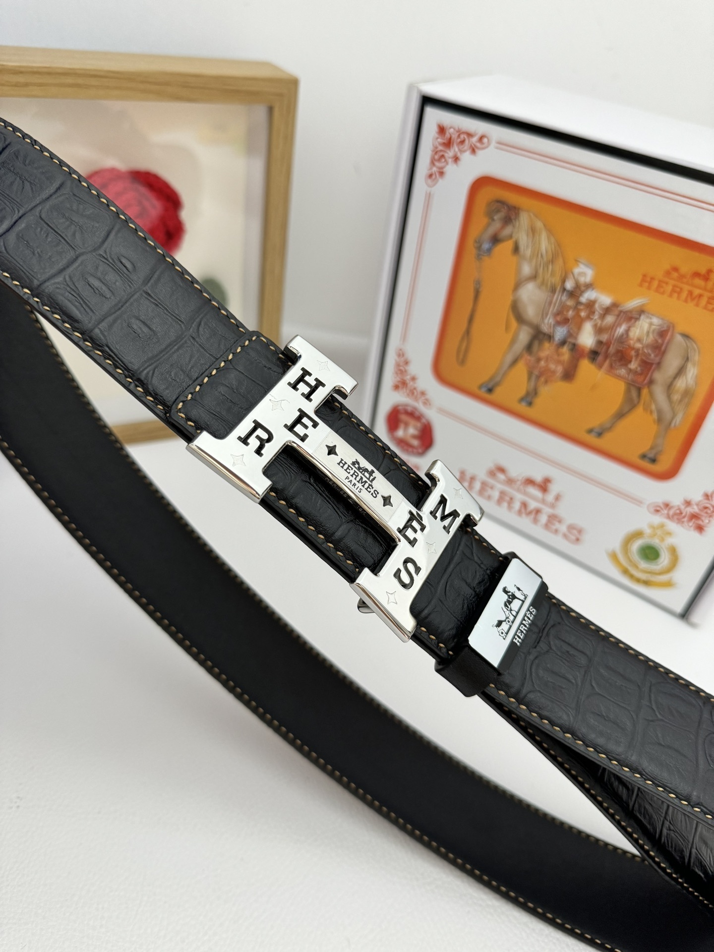 Luxury Hermès Black Crocodile Leather Belt with Silver H Buckle