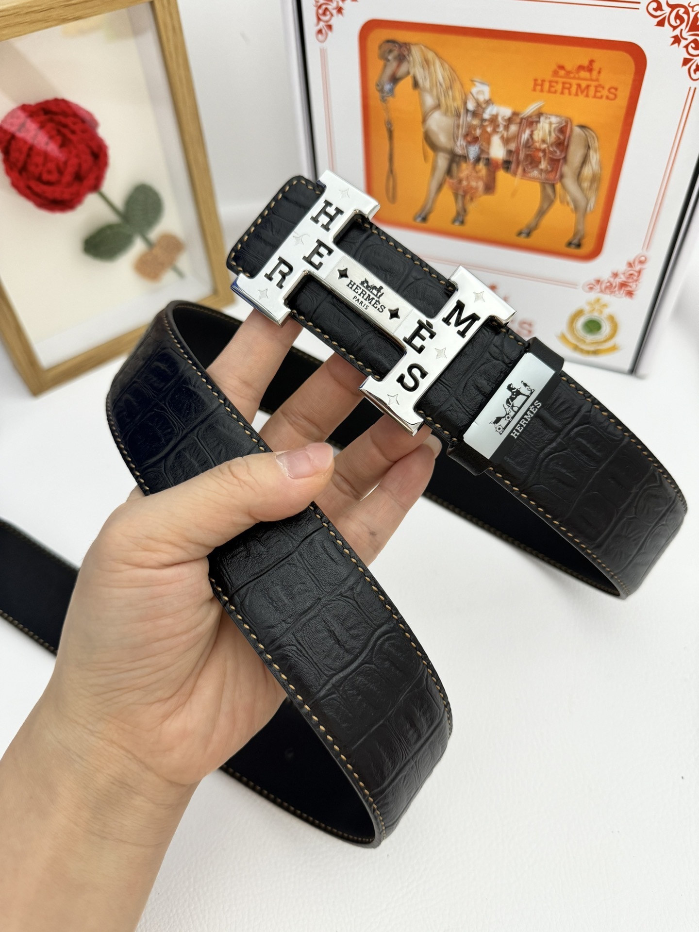 Luxury Hermès Black Crocodile Leather Belt with Silver H Buckle