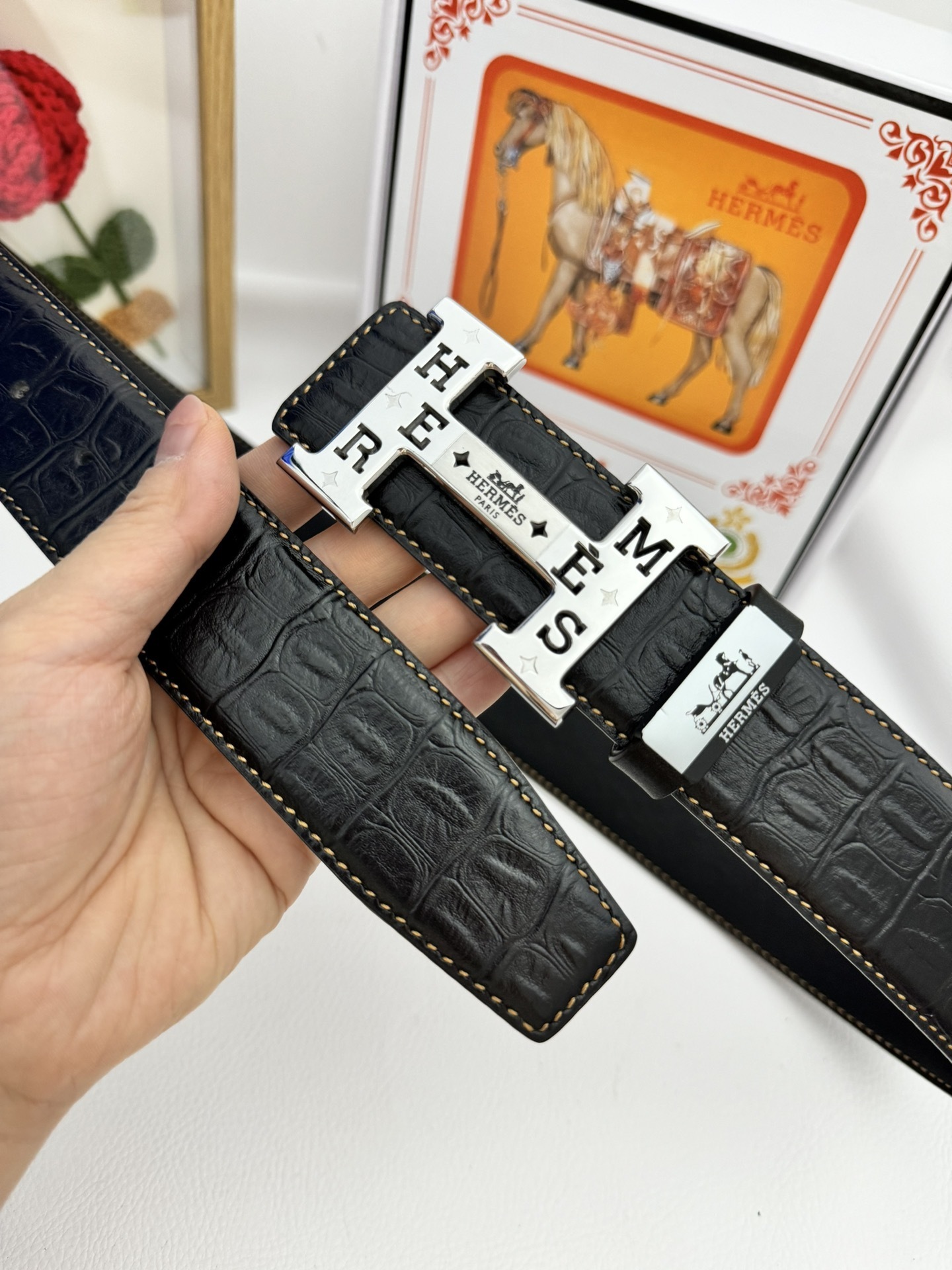 Luxury Hermès Black Crocodile Leather Belt with Silver H Buckle