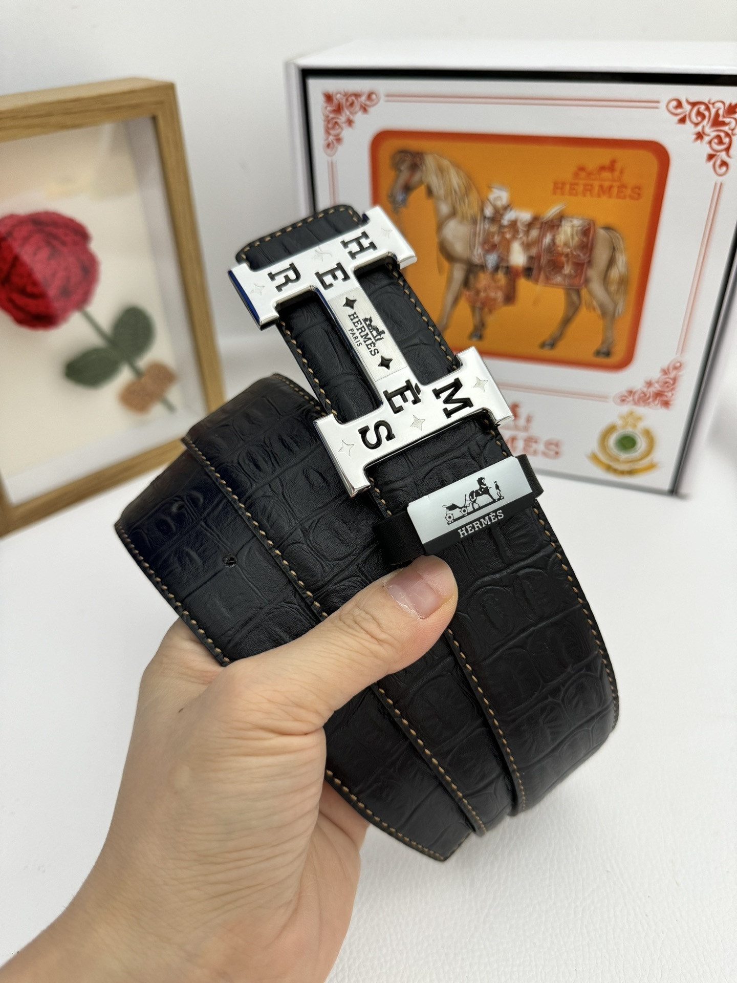 Luxury Hermès Black Crocodile Leather Belt with Silver H Buckle