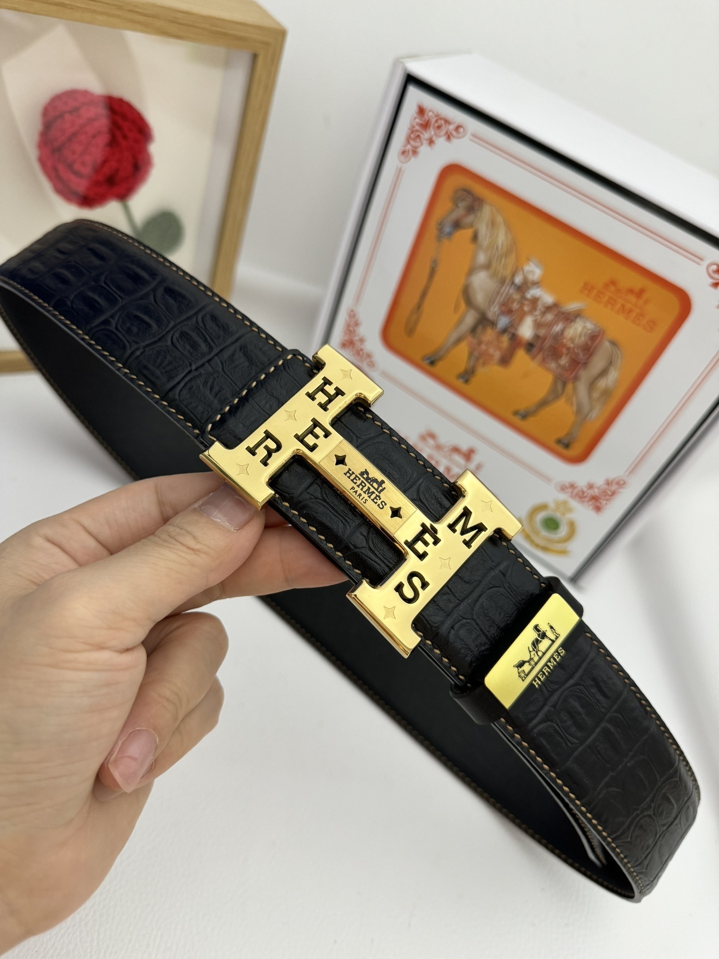 Premium Men's Hermes Crocodile Leather Belt - Gold H Buckle