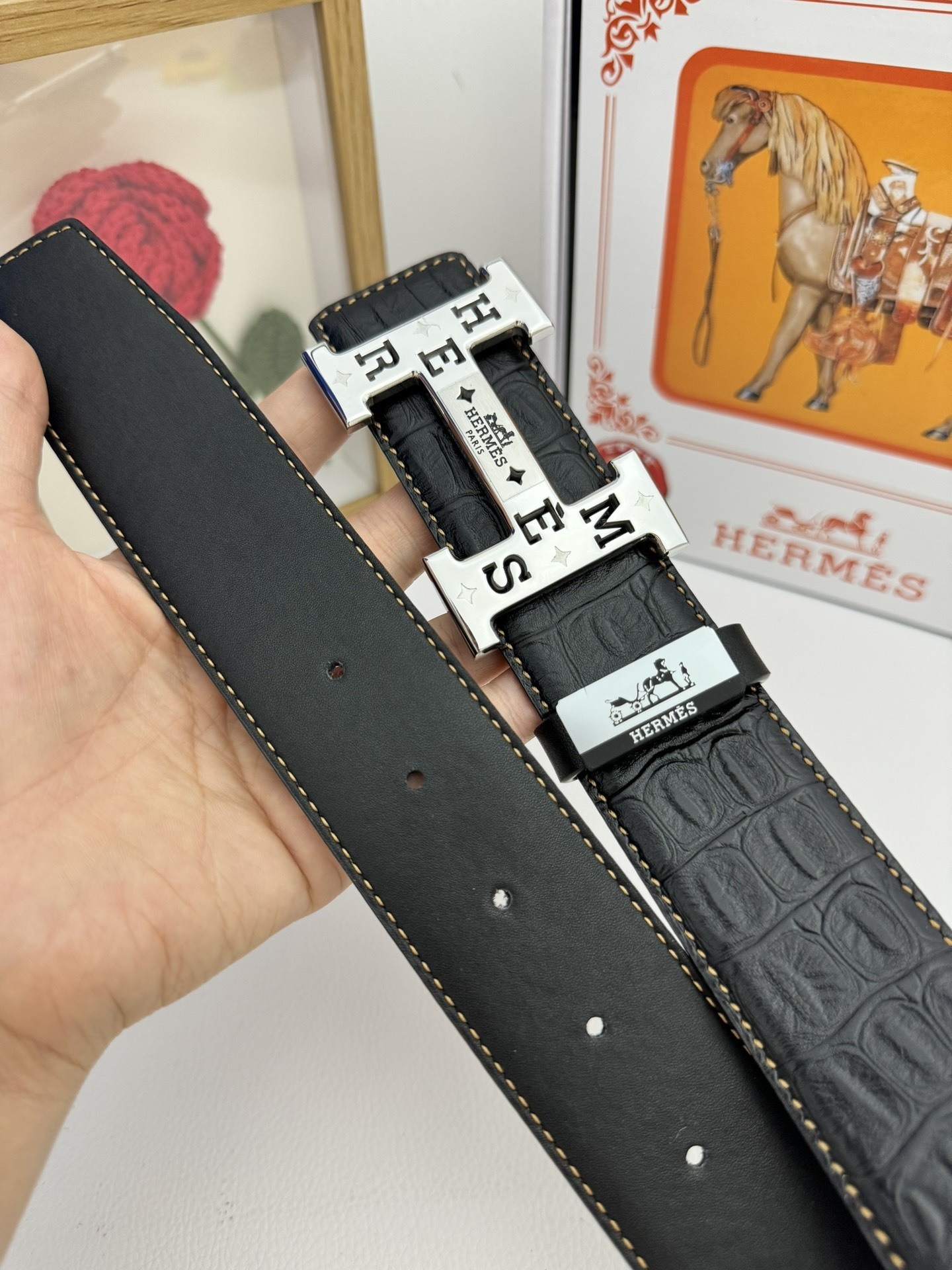 Luxury Men's H Buckle Leather Belt - Premium Crocodile Pattern