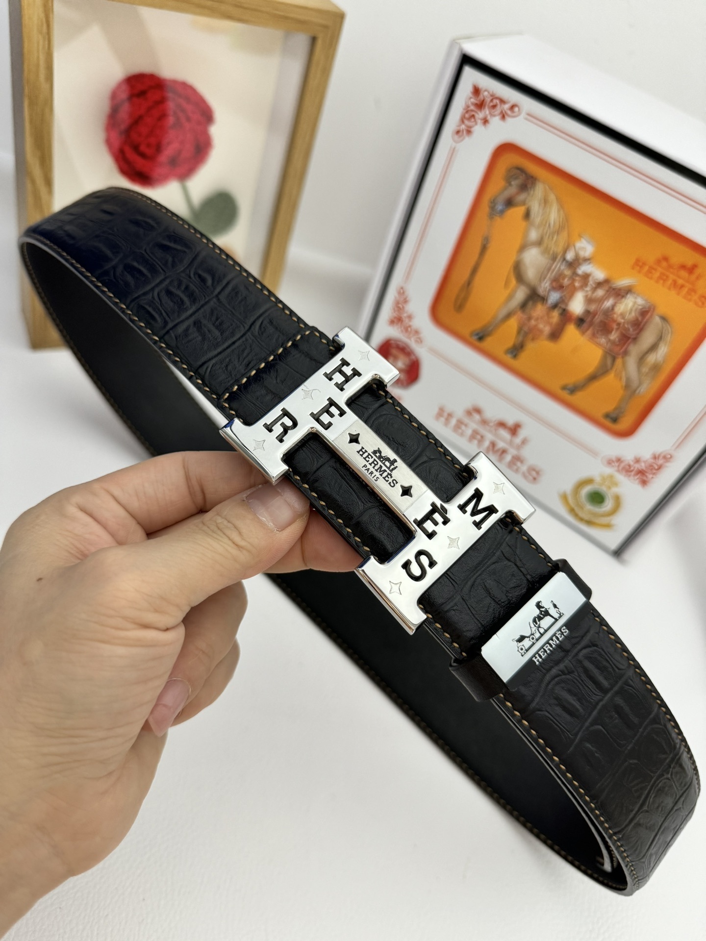 Luxury Men's H Buckle Leather Belt - Premium Crocodile Pattern