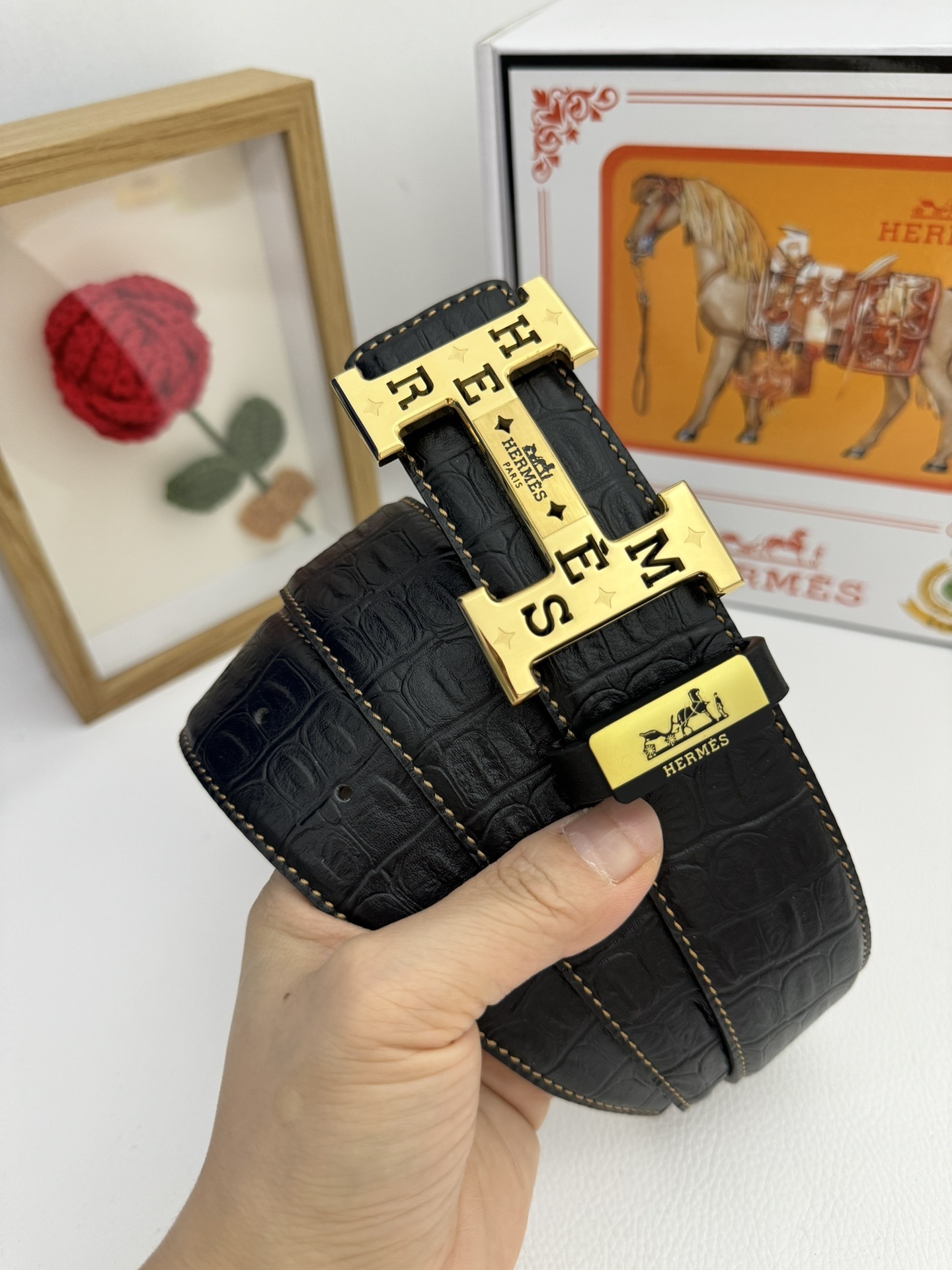 Luxury Men's H Buckle Leather Belt - Premium Crocodile Pattern